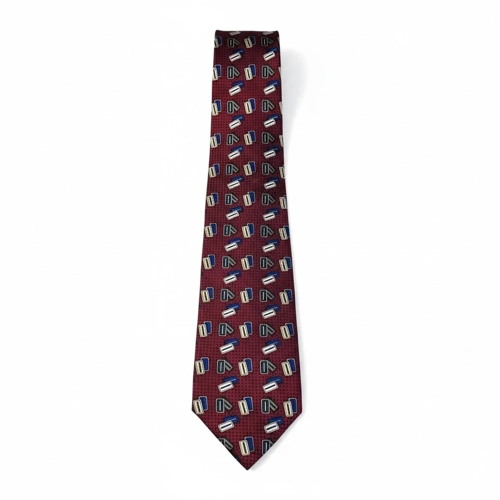 Hanover Square‎ Mens 100% Silk Burgundy Geometric Pattern Neck Tie